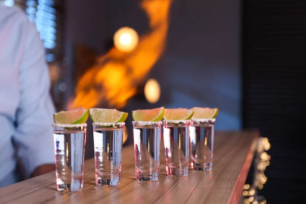 Mexican Tequila Shots Lime Slices Bar Counter — Stock Photo, Image