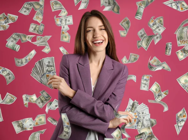 Mujer Joven Feliz Con Dólares Bajo Lluvia Dinero Sobre Fondo — Foto de Stock