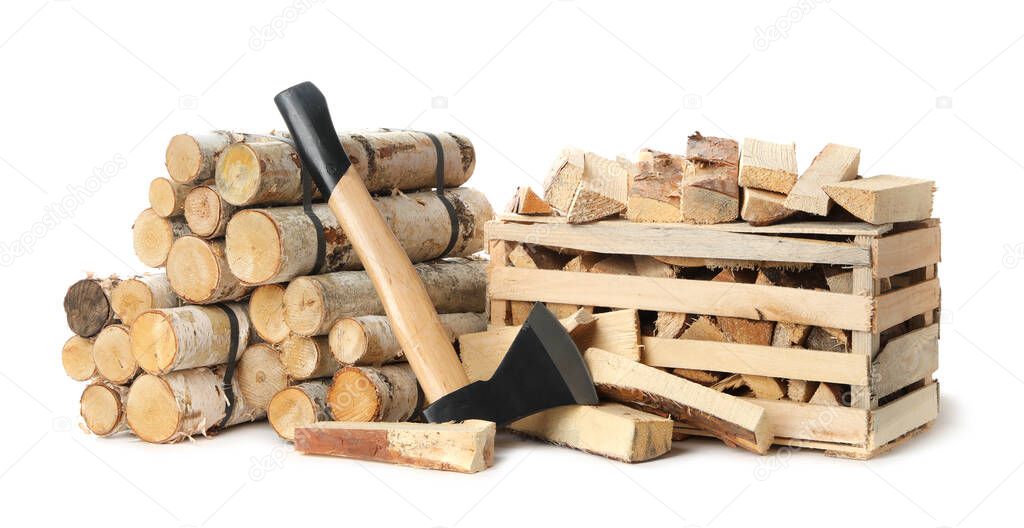 Axe and cut firewood on white background