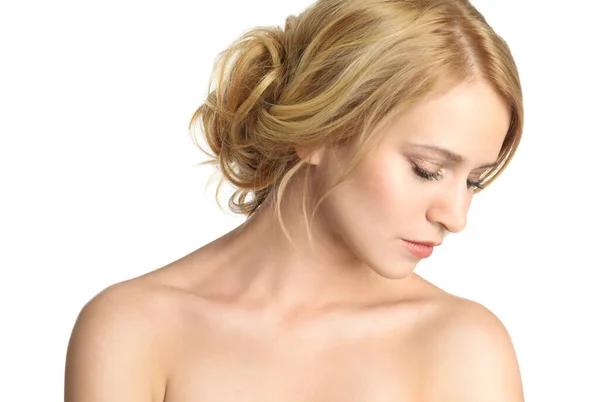 Portrét Krásné Ženy Blond Vlasy Bílém Pozadí — Stock fotografie