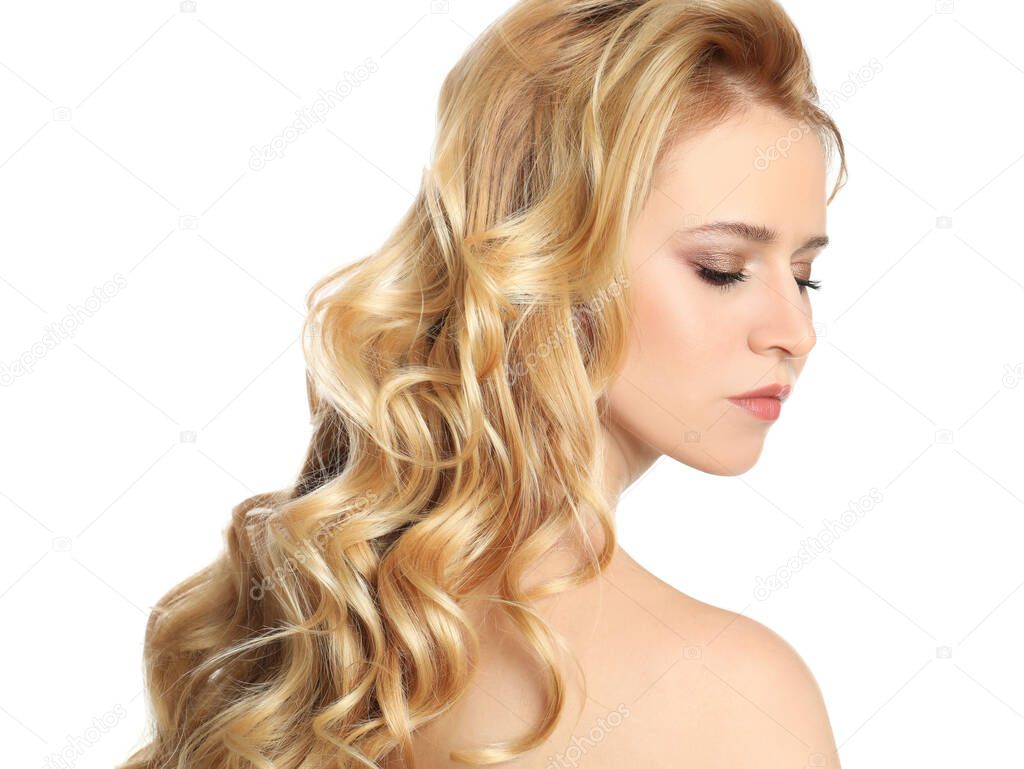 Portrait of beautiful woman with long blonde hair on white background