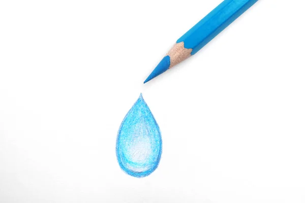 Σχέδιο Σταγόνας Νερού Και Ανοιχτό Μπλε Μολύβι Λευκό Φόντο Πάνω — Φωτογραφία Αρχείου