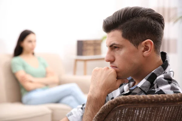 Unhappy Man Quarrel His Girlfriend Indoors Relationship Problems — 图库照片