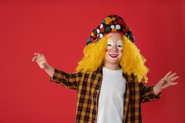 Funny Little Boy Clown Costume Red Background April Fool Day — Stock Photo, Image