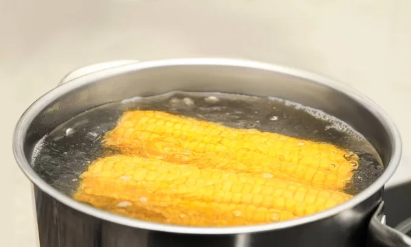 Pot Boiling Corn Kitchen Closeup — Stock Photo, Image