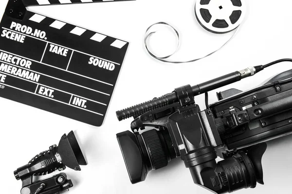 Flat Lay Composition Video Camera Other Equipment White Background — Stock Photo, Image