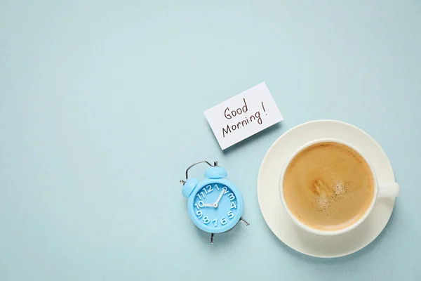 Delizioso Caffè Sveglia Scheda Con Buona Mattina Desiderio Sfondo Chiaro — Foto Stock