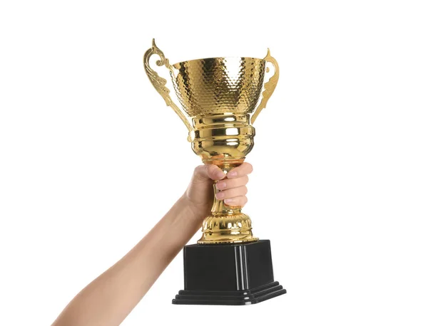 Vrouw Met Goud Trofee Cup Witte Achtergrond Close — Stockfoto