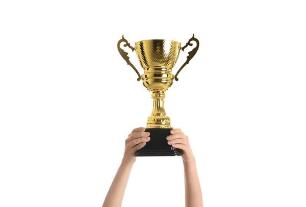 Woman Holding Gold Trophy Cup White Background Closeup — Stock Photo, Image