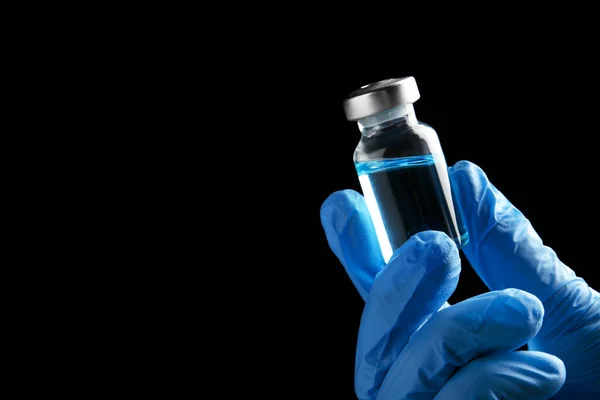 Doctor Holding Vial Medication Black Background Closeup View Space Text — Stock Photo, Image