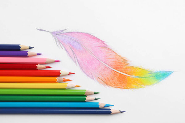 Рисунок перьев и красочных карандашей на белом фоне, вид сверху

