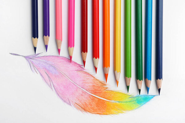 Рисунок перьев и красочных карандашей на белом фоне, вид сверху
