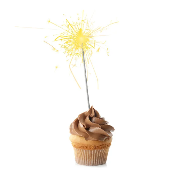 Cupcake Anniversaire Avec Scintillant Sur Fond Blanc — Photo