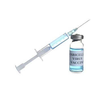 Suçiçeği aşısı ve beyaz arka planda şırınga. Varicella virüs önleme