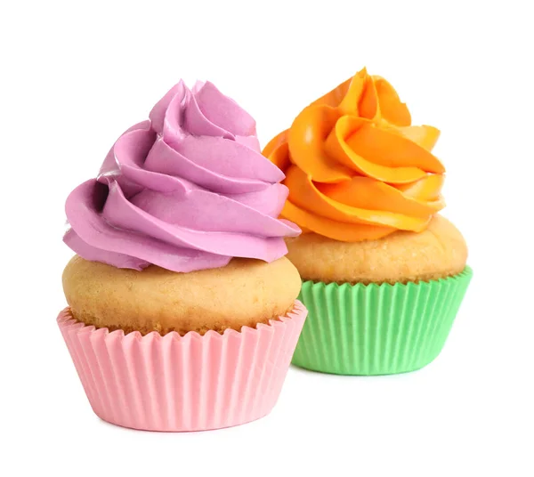 Deliciosos Cupcakes Aniversário Com Creme Manteiga Fundo Branco — Fotografia de Stock