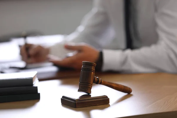 Male Lawyer Working Table Office Focus Gavel — Stock Photo, Image