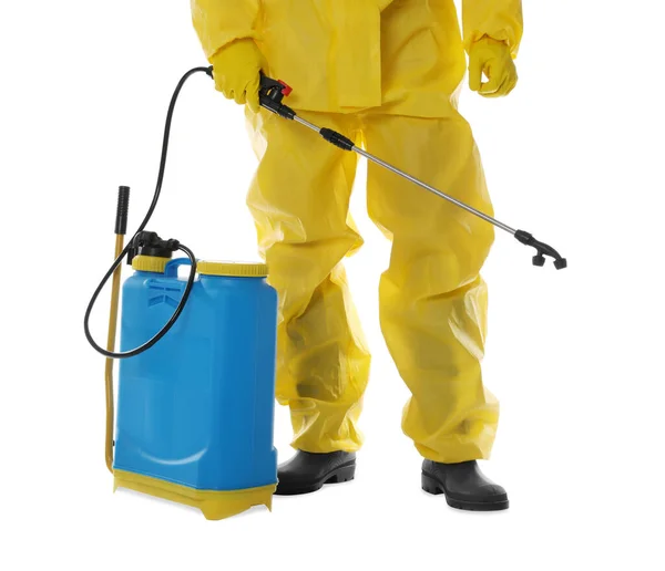 Man Wearing Protective Suit Insecticide Sprayer White Background Closeup Pest — Stock Photo, Image