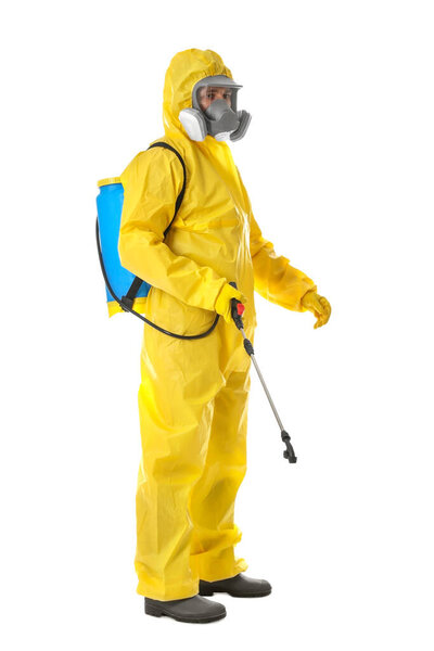 Man wearing protective suit with insecticide sprayer on white background. Pest control