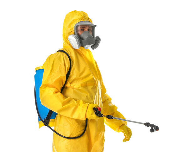 Man wearing protective suit with insecticide sprayer on white background. Pest control