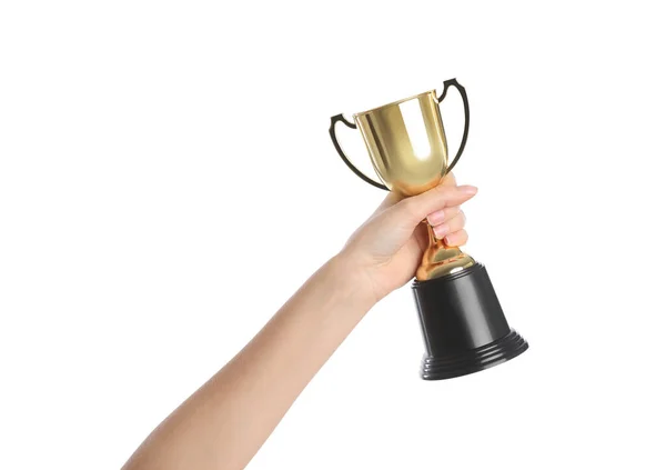 Woman Holding Gold Trophy Cup White Background Closeup — Stock Photo, Image