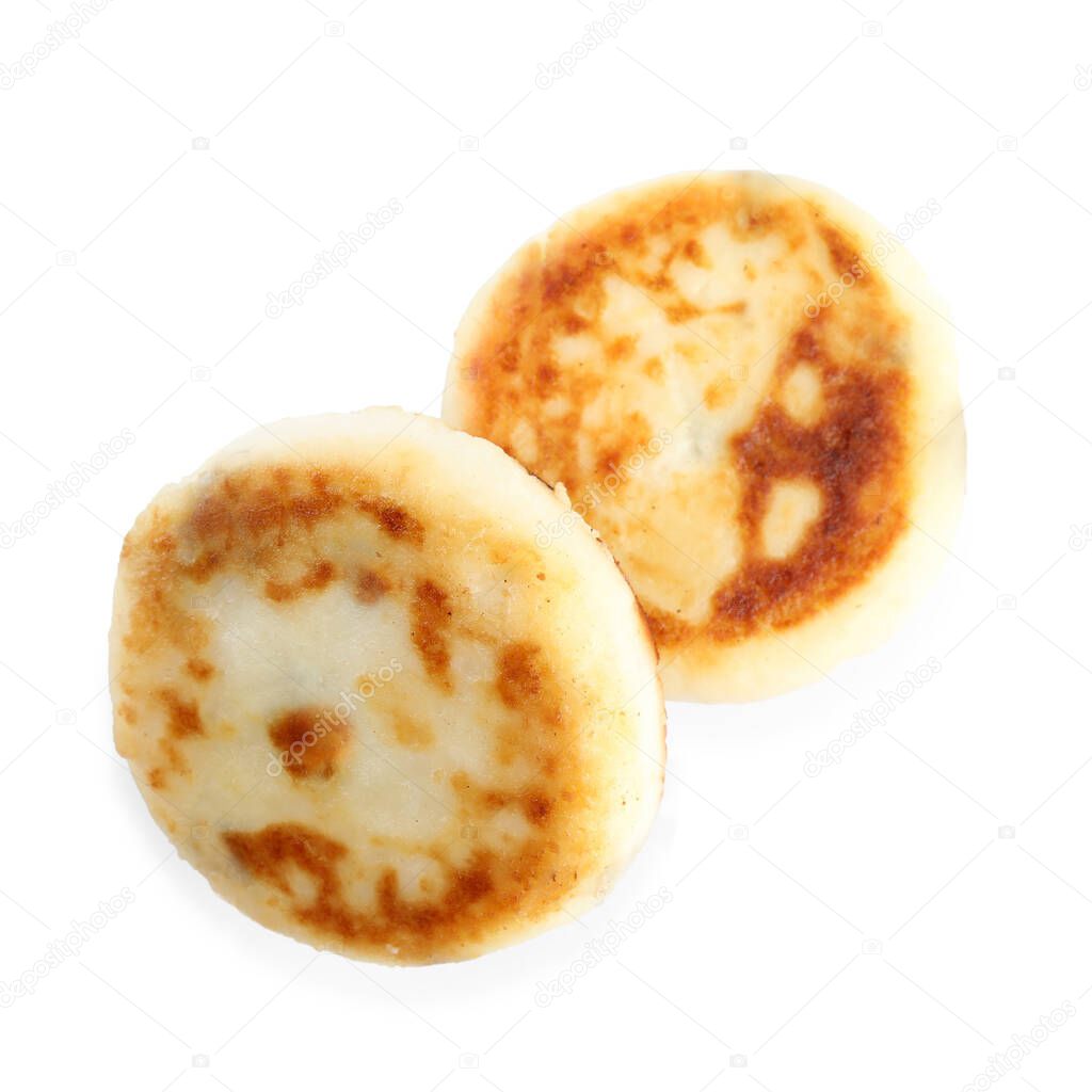 Delicious cottage cheese pancakes isolated on white, top view