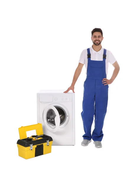 Repairman Toolbox Washing Machine White Background — 스톡 사진