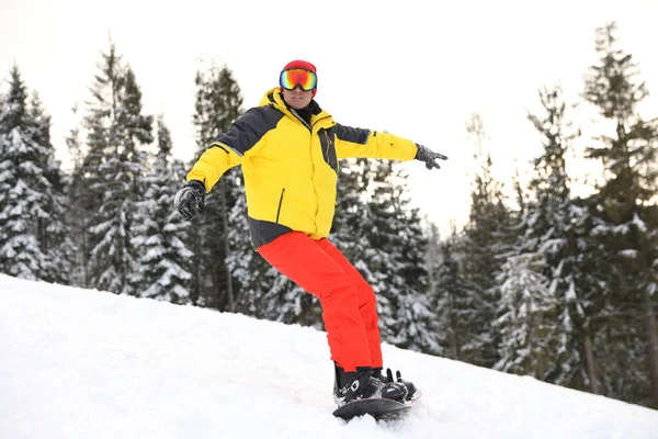 Αρσενικό Snowboarder Στο Χιονισμένο Λόφο Χειμερινές Διακοπές — Φωτογραφία Αρχείου