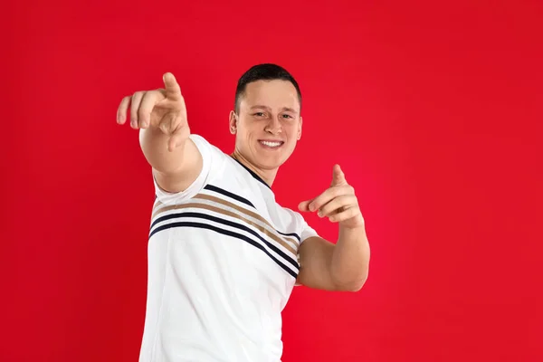 Happy Handsome Young Man Red Background — Stock Photo, Image