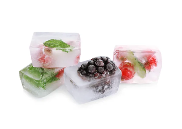 Ice Cubes Berries Mint White Background — Stock Photo, Image