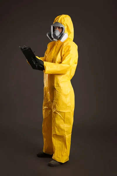 Woman Chemical Protective Suit Holding Clipboard Grey Background Virus Research — Stock Photo, Image