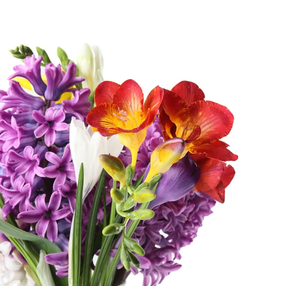 Bouquet Bellissimi Fiori Primaverili Sfondo Bianco — Foto Stock