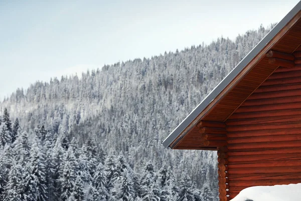 Casa Madera Cerca Del Bosque Nevado Día Invierno — Foto de Stock