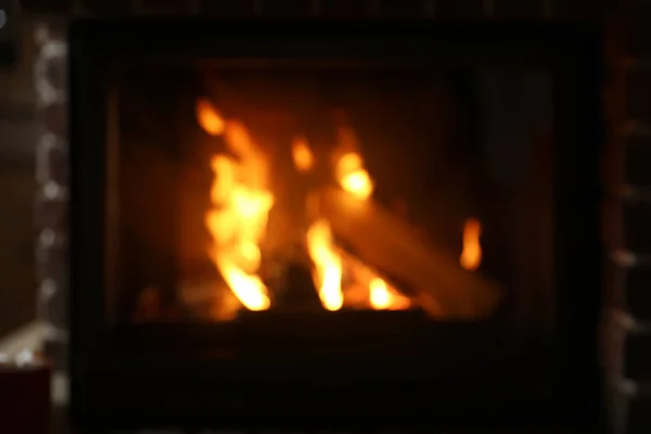 Blurred View Fireplace Burning Wood Indoors — Stock Photo, Image