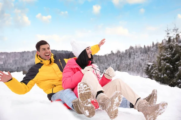 Çiftler Karda Kayıyor Eğleniyorlar Kış Tatili — Stok fotoğraf
