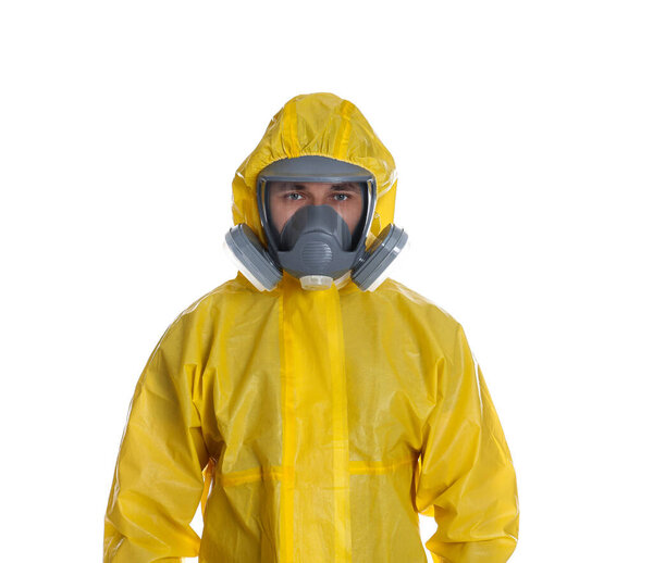 Man wearing chemical protective suit on white background. Prevention of virus spread