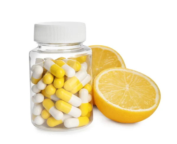 Botella Con Pastillas Vitamínicas Limón Sobre Fondo Blanco —  Fotos de Stock