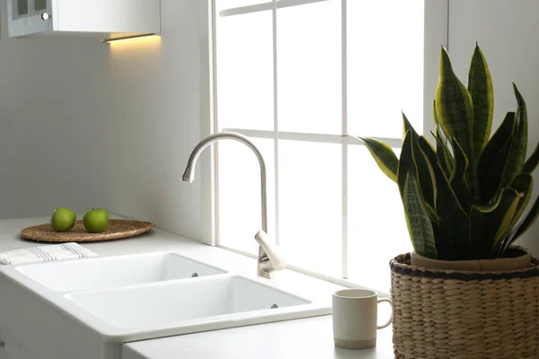 新颖的陶瓷洗涤槽和时尚厨房内部的现代水龙头 — 图库照片