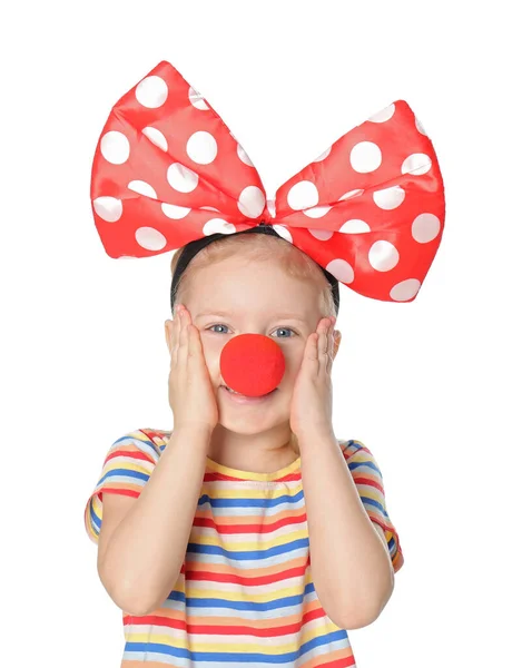 Маленькая Девочка Большим Луком Клоунским Носом Белом Фоне April Fool — стоковое фото