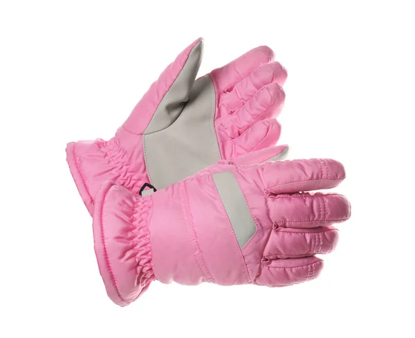 Woman Wearing Pink Ski Gloves White Background Closeup Winter Sports — Stockfoto