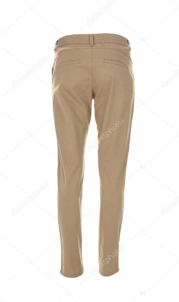 Stylish trousers on mannequin against white background, back view. Men's clothes