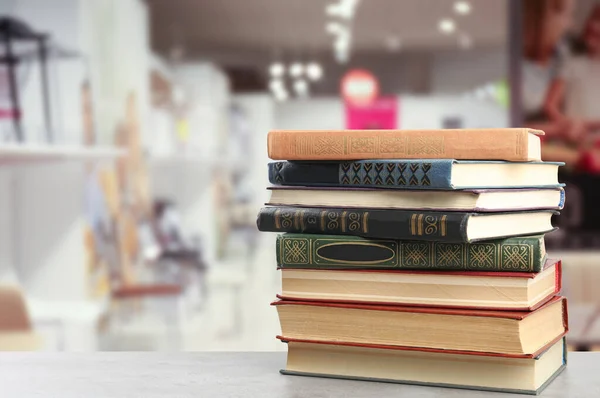Collection Different Books Table Blurred Background Space Text — Stock Photo, Image