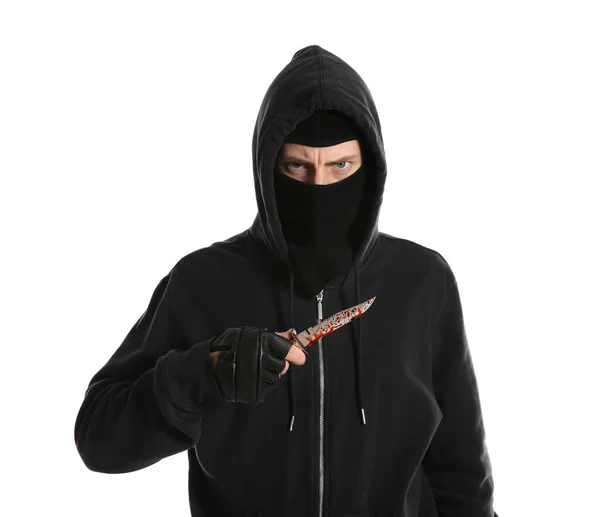 Człowiek Masce Zakrwawionym Nożem Białym Tle Niebezpieczny Przestępca — Zdjęcie stockowe