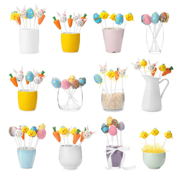 Collage Mit Verschiedenen Leckeren Cake Pops Auf Weißem Hintergrund — Stockfoto