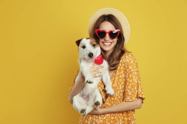 Sarı arka planda sevimli Jack Russell Terrier 'ı olan genç bir kadın. Sevimli hayvan