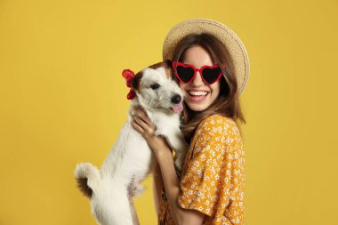 Sarı arka planda sevimli Jack Russell Terrier 'ı olan genç bir kadın. Sevimli hayvan