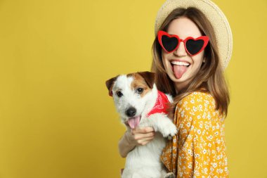 Sarı arka planda sevimli Jack Russell Terrier 'ı olan genç bir kadın. Mesaj için yer var. Sevimli hayvan