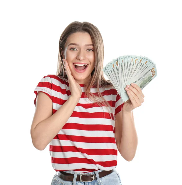 Emotionale Junge Frau Mit Geld Auf Weißem Hintergrund — Stockfoto