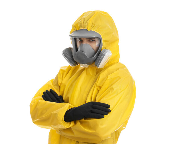Man wearing chemical protective suit on white background. Prevention of virus spread