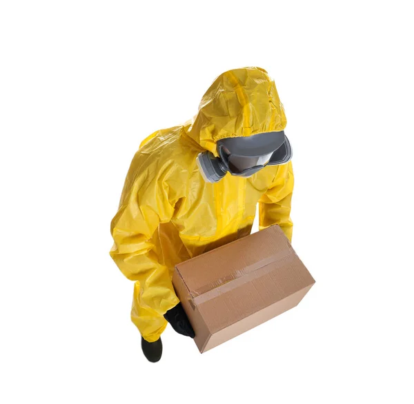 Man Wearing Chemical Protective Suit Cardboard Box White Background View — Stock Photo, Image