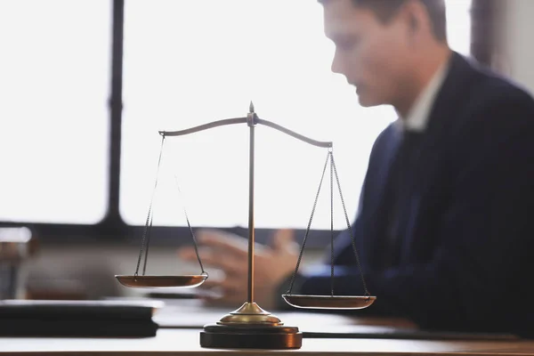 Scales Justice Blurred Lawyer Background — Stock Photo, Image